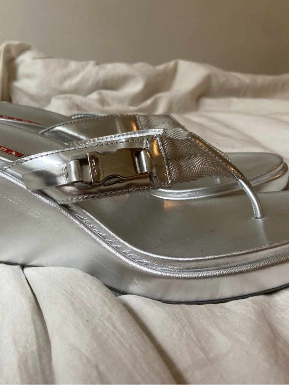 Prada Silver Metallic Wedge Thong Sandals with Buckle Detail - Picture 4 of 6